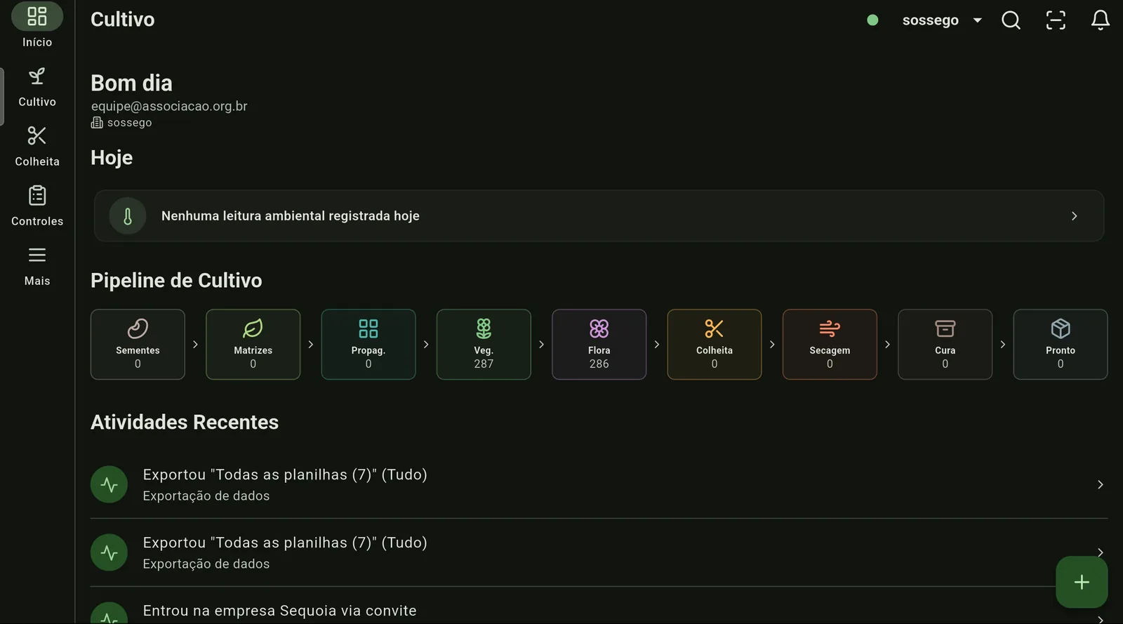 Painel inicial do Cultivo em um tablet: pipeline de cultivo com contagem por etapa e atividades recentes